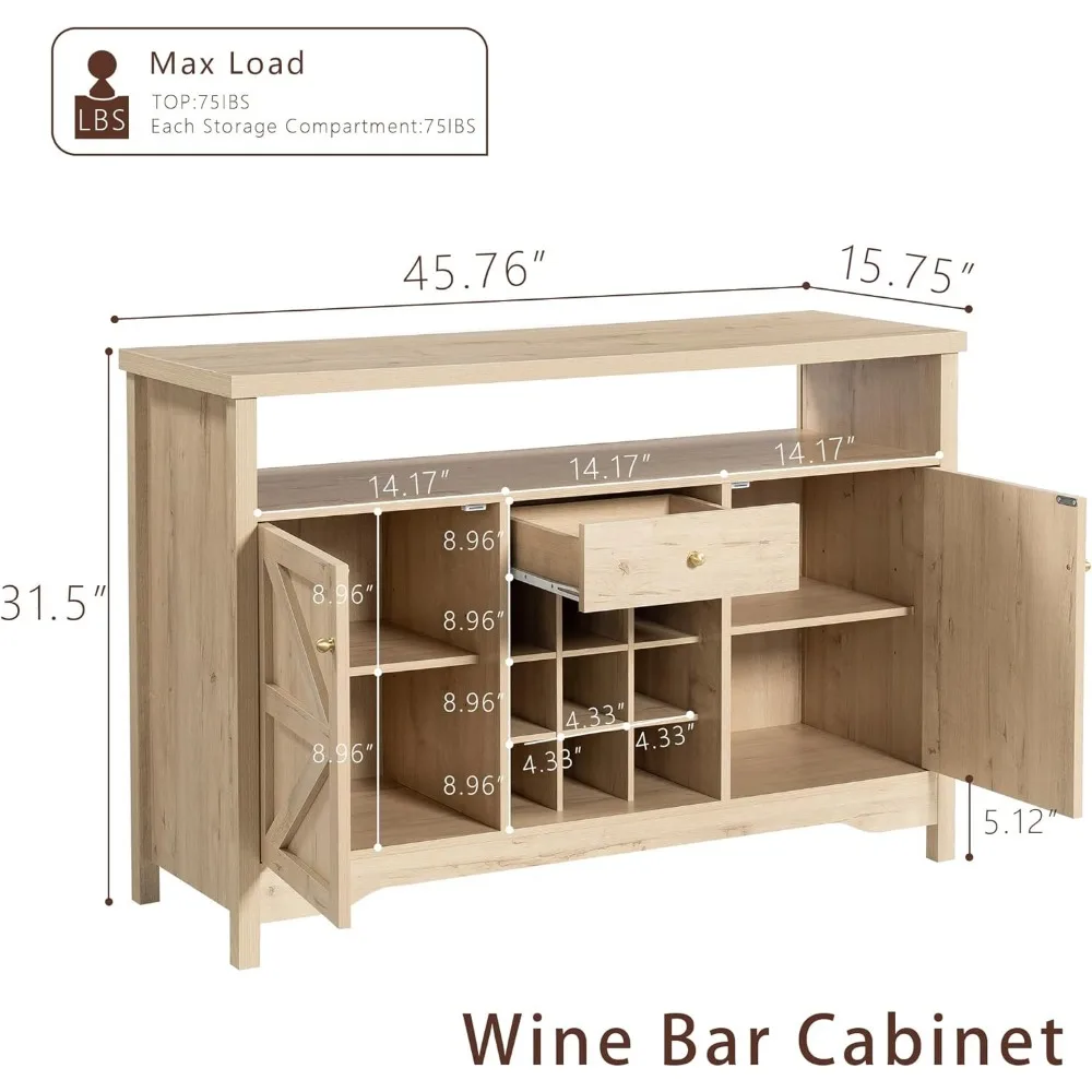 خزانة مشروبات مقاس 45.7 بوصة، خزانة بوفيه جانبية لبار القهوة المنزلي في المزرعة مع 9 رفوف نبيذ وبابين للمطبخ، Li