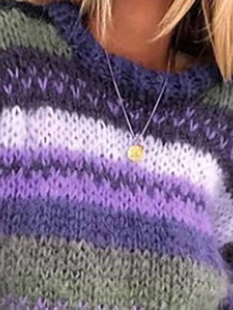 가을 스트라이프 프린트 오넥 스웨터 캐주얼 긴 소매 루즈 니트 풀오버 여성 레트로 편안한 출퇴근용 스웨터 탑