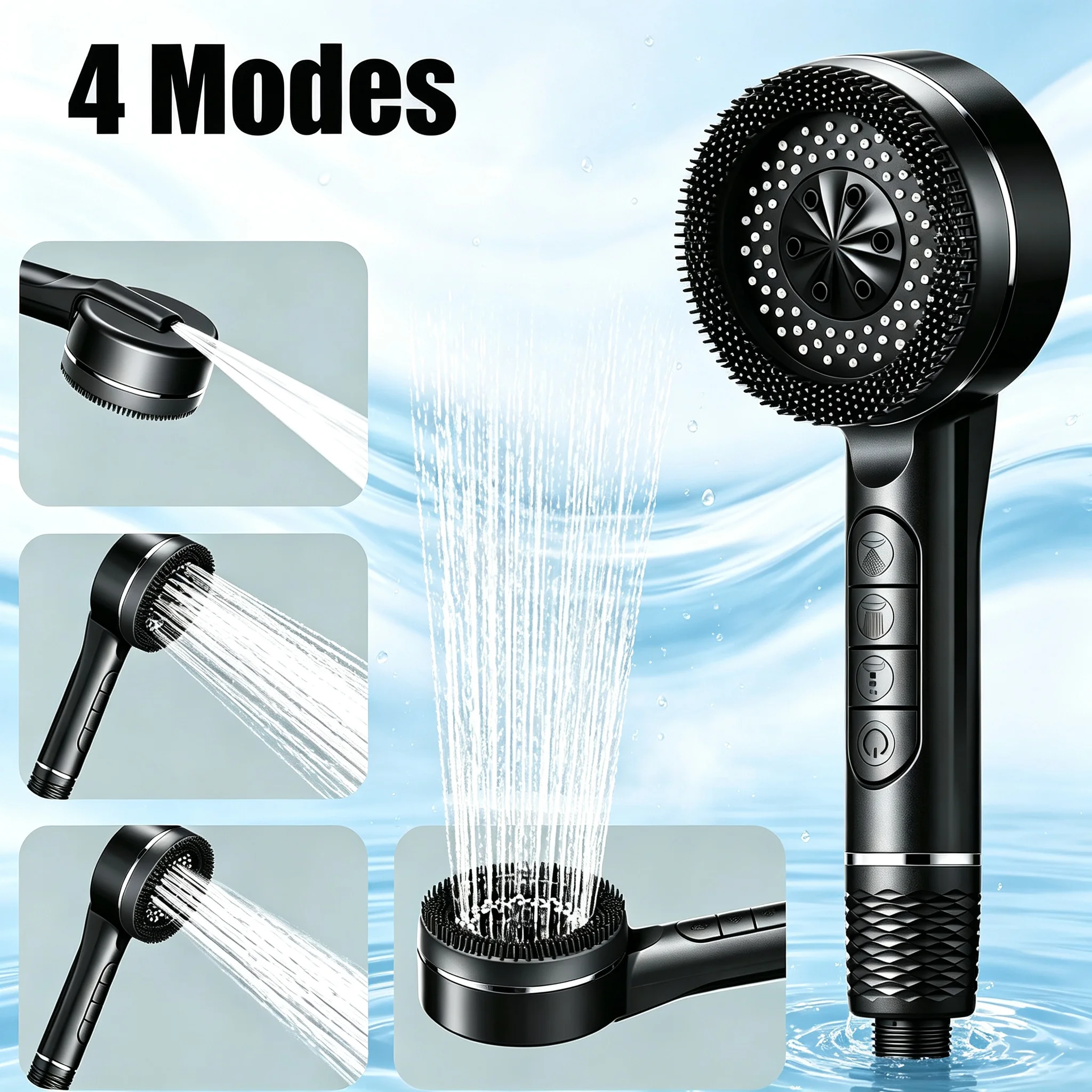4‑Mode High‑Pressure ABS Handheld Shower Head Self‑Cleaning Nozzles with Silicone Brush One‑Key Stop Water Massage
