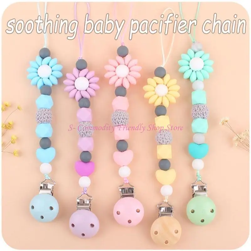 

85AE Infant Baby Silicone Pacifier Clip with Sweet for Sun Flower Beads Chain Toddler Candy Colored Teething Chewable Soother
