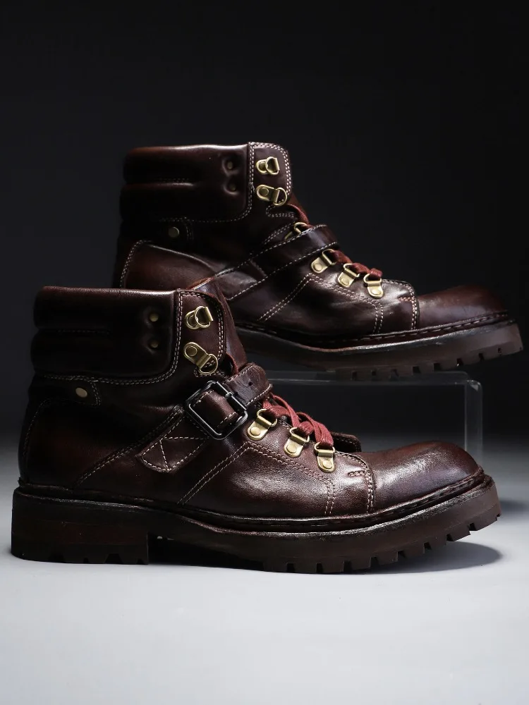 Retro Men Motorcycle Boots Genuine Leather Lace-up Outdoor Hiking Wear-resistant Work Boots Buckle Strap Rugged Casual Shoes
