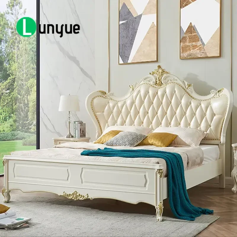 European Neoclassical Luxury Solid Wood Double Bed 1.8m First Layer Cowhide Leather Wedding Bedroom Furniture Villa Home
