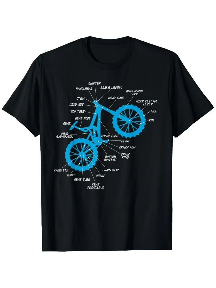 

MTB Anatomy Graphic- Blue Mountain Bike (Frame, Drivetrain, Brake System)Design-100% cotton O-neck printed men's T-shirt.