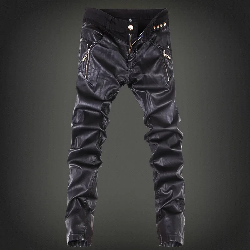 YASUGUOJI New 2023 Outdoors Pu Leather Pants Men Brand Fashion Skull Tag Patchwork Mens Skinny Motorcycle Leather Jeans Men