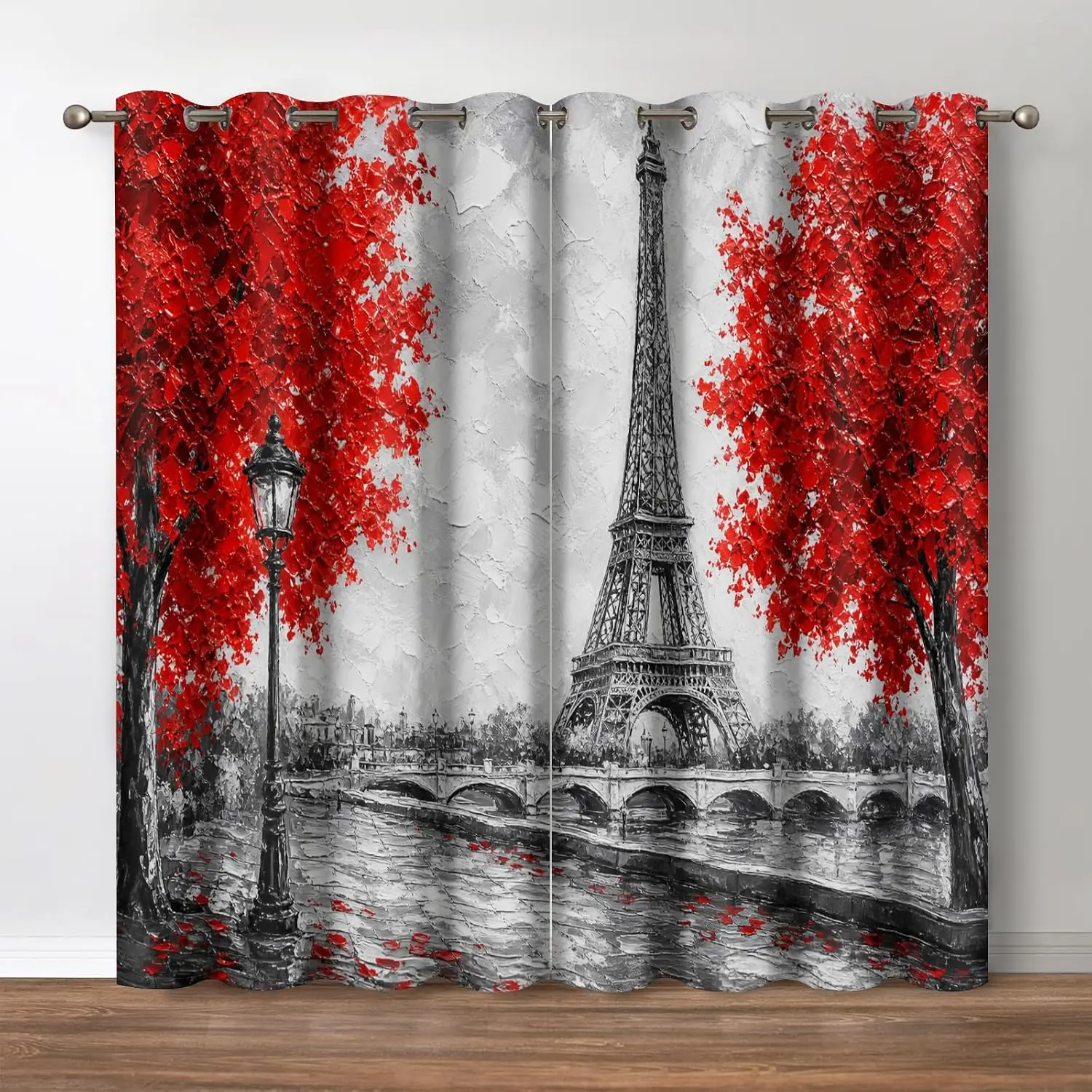 Luxurious Parisian Window Curtains Tapestry Eiffel Tower Fall Red Leaves Home Decor Polyester Curtain for Living Room