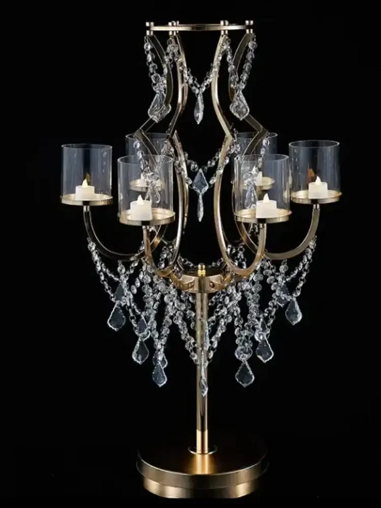 

6 Head Gold Metal Candle Holder Tall Crystal Flower Stand Luxury Wedding Candle Holder for Gold Centerpieces Table Decoration 5