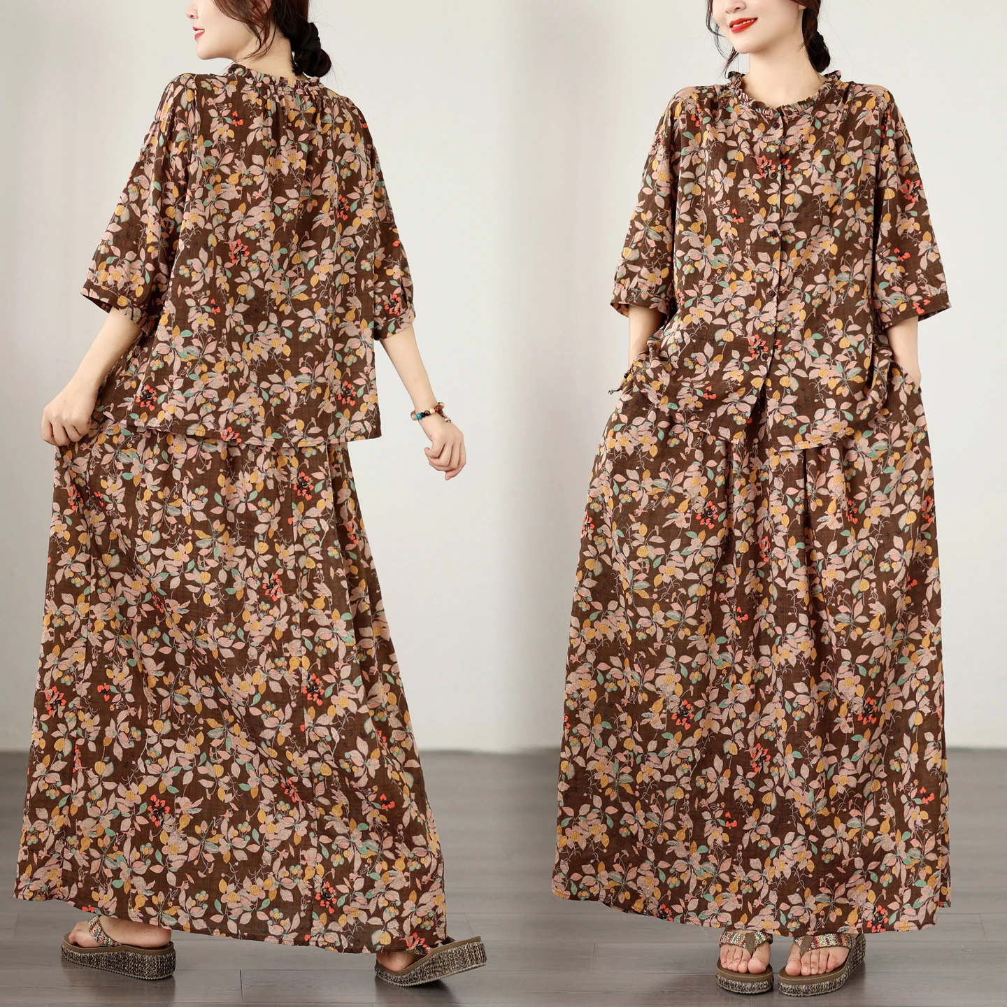 

High-End plus Size Women's Cotton Linen Set Summer New Style Age-Defying Top Half-Skirt Two-Piece Set Commute Artistic Style