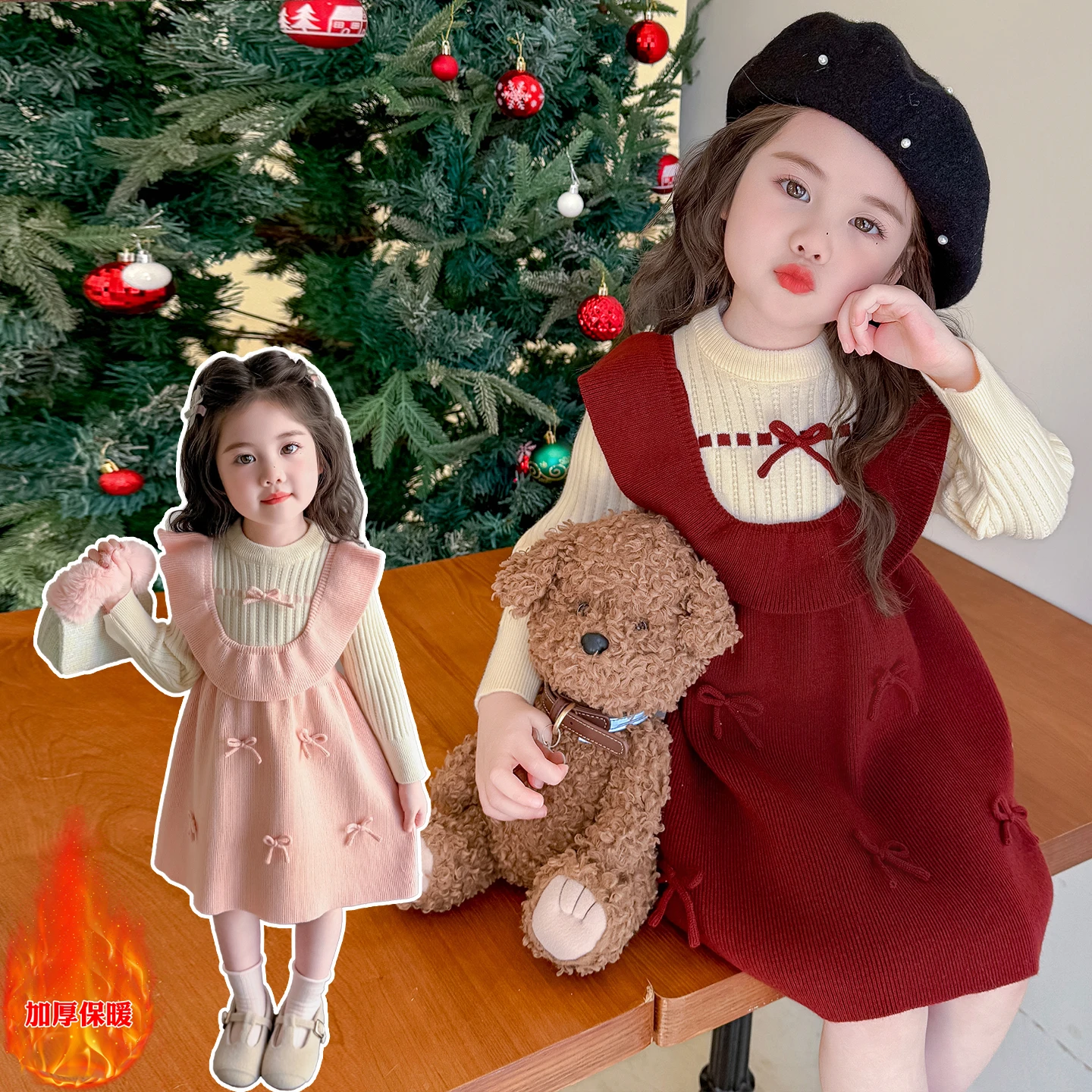 

Baby Girls Christmas Them Dresses Kids Bow Decoration Girl Knit Dresses A Line Sweater Dresses O Neck Kids Sweater for Ages 2-9Y