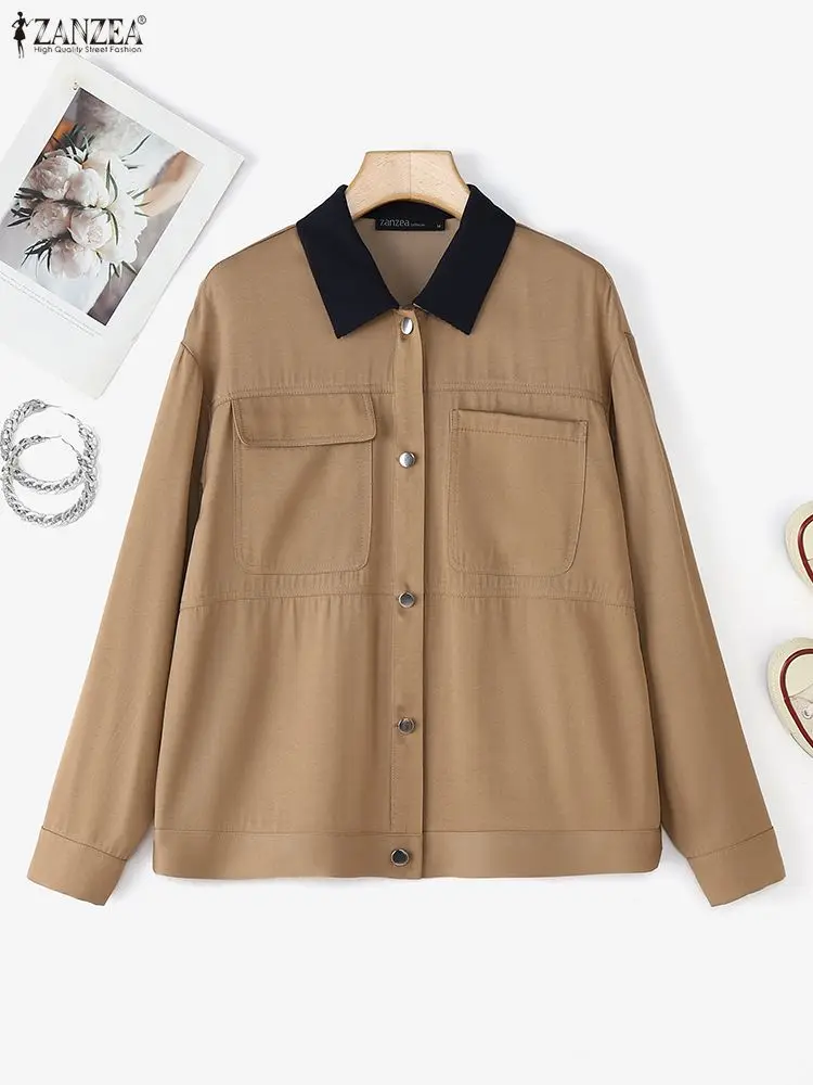 

ZANZEA стильные куртки с цветными блоками, женские куртки-карго с отложным воротником и длинными рукавами на пуговицах, женская осень 2021, верхняя одежда 3XL
