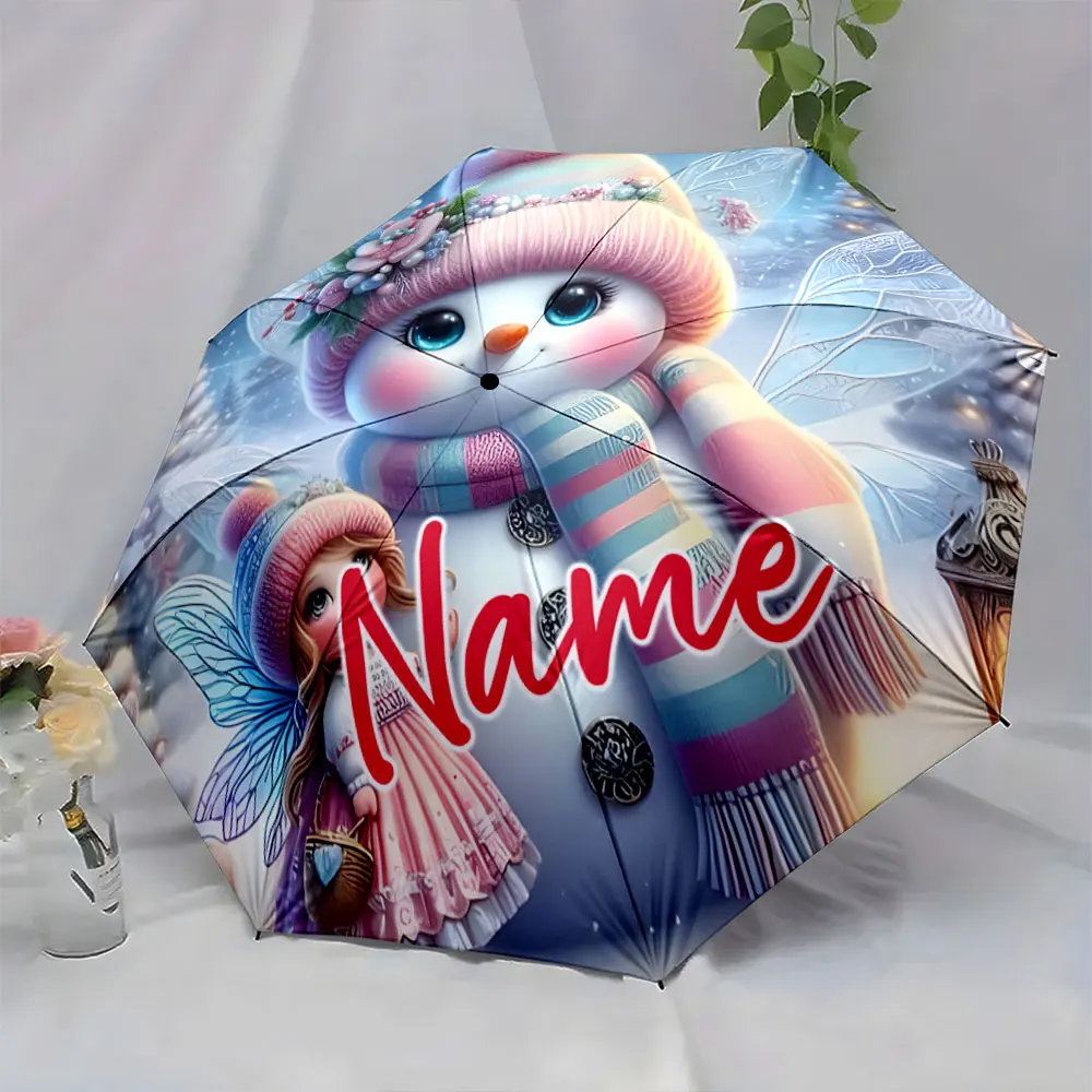 Custom Name Whimsical Snowman and Fairy Umbrella Design Print 8 Iron Ribs Folding Umbrella Auto-Open Fashion Sunshade