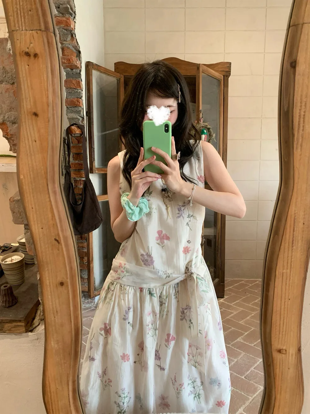 

Korean Style round Neck Floral Print Waist-Cinching Vest Dress Women's Summer New Airy Skirt Dress Commute Friendly