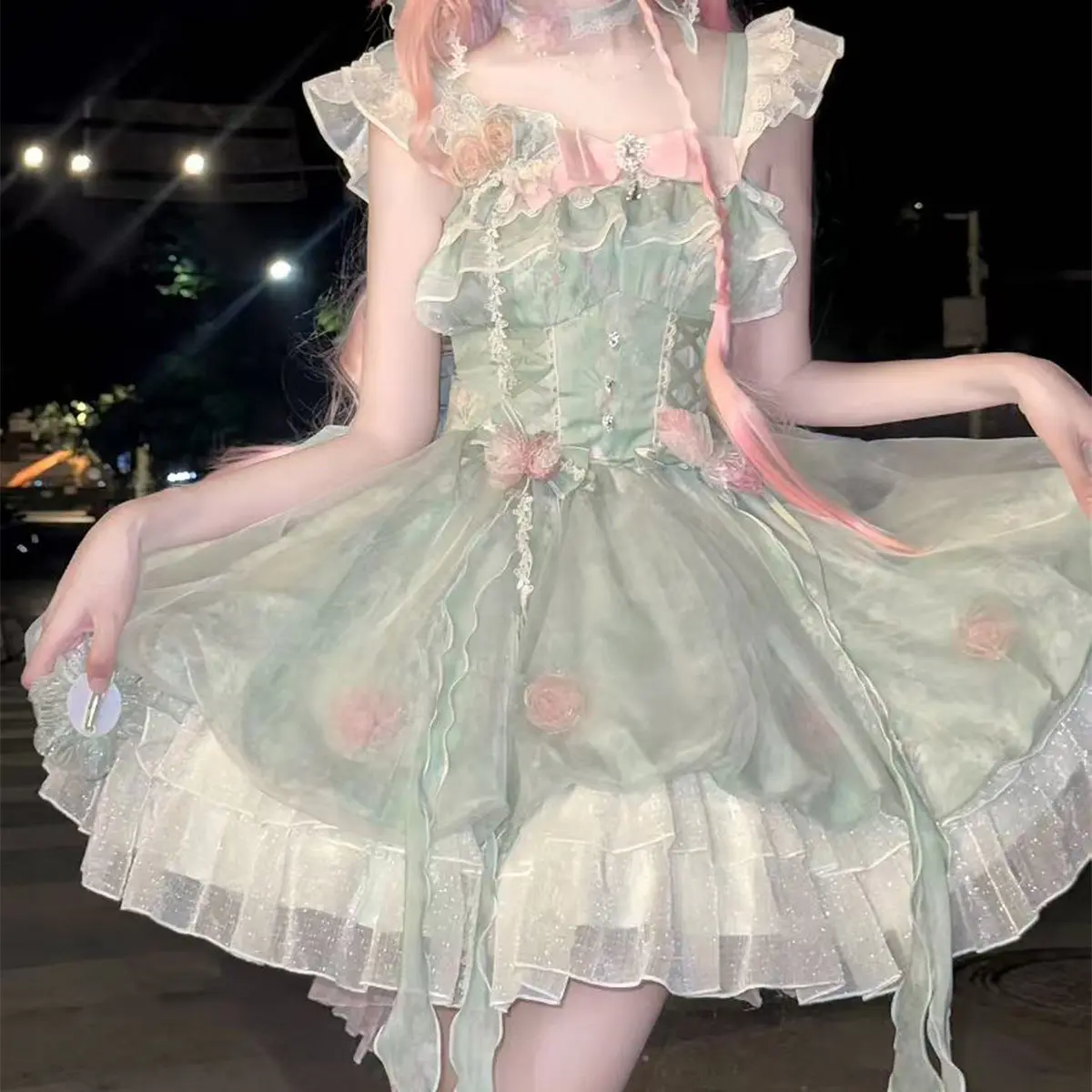Original Spring Summer Lolita Little Fresh Dress Sweet Bud Dress Elegant Lace Bow Sleeveless Strap Green Trailing Princess Dress