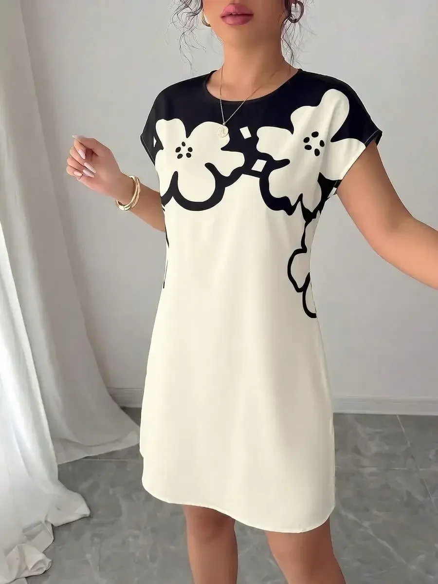 

Womens Short Sleeve Floral Print Casual Dress Summer Elegant Loose Fit