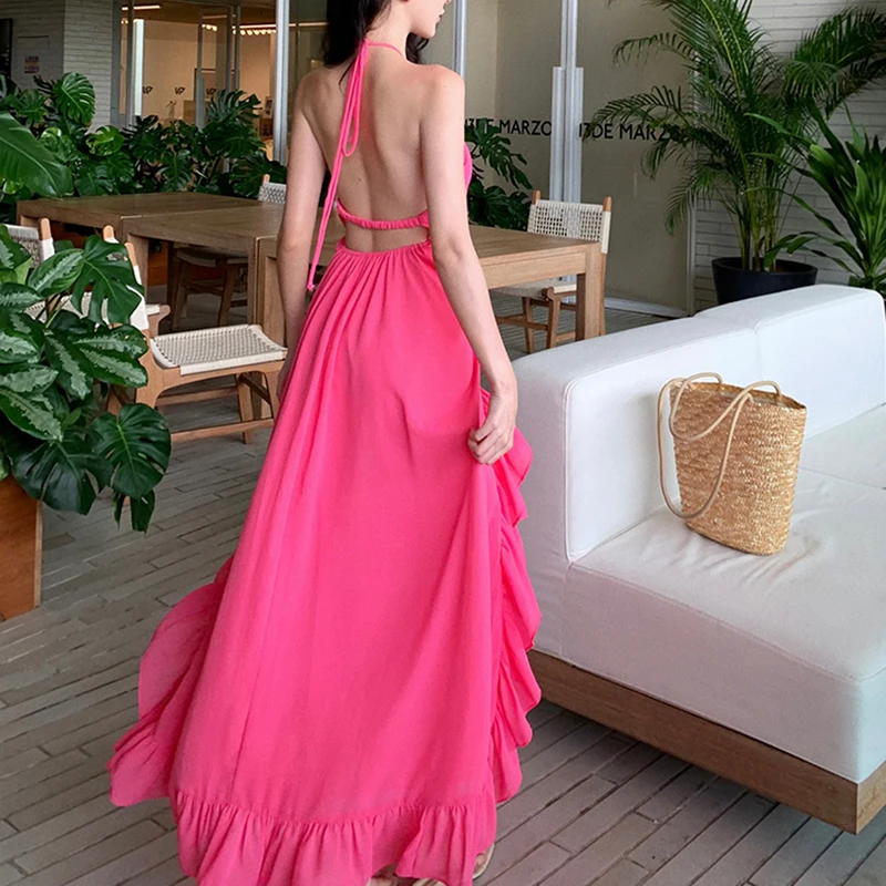 

Women Long Sexy Chiffon Sundress Summer 2024 Halter Elegant French Fairy Dress Honeymoon Vacation Party Night Runway Dresses New