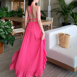 Women Long Sexy Chiffon Sundress Summer 2024 Halter Elegant French Fairy Dress Honeymoon Vacation Party Night Runway Dresses New