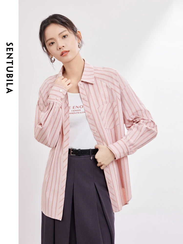 SENTUBILA Pink Striped Shirt 2024 Spring  Polo Collar Button Up Casual Loose Shirts & Blouses Long Sleeve Womens Tops 141C53583