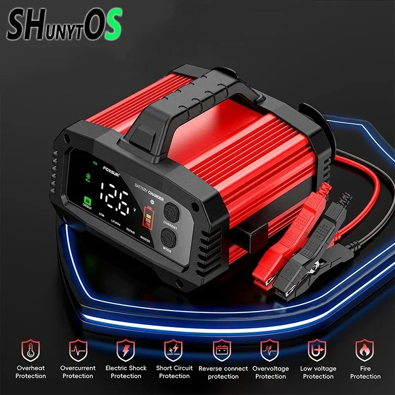 Portable Car Battery Charger 12V-25A 24V-15A Motorcycle Truck AGM LiFePO4 EFB Deep Cycle Batteries Chargers with Booster Mode