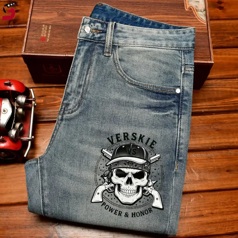 Vintage Printed Jeans for Men, Spring Summer 2026, Slim Straight Stretch, Korean Style High Street Fashion, Ripped Denim Pants,