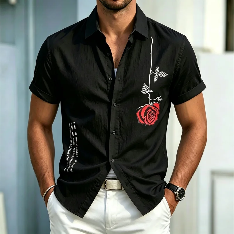Men's shirt solid color lapel short sleeved shirt single-sided red rose English vertical letter print casual trend shirt XS-6XL