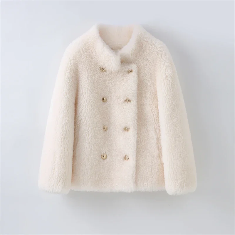 Lady Girl's Real Wool Fur Short Warm Jacket Women Sheep Shearling Solid Winter Coat Casual Overcoat H23261