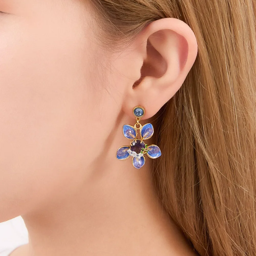 French Sweet Wisteria Flower Earrings for Women, Hand-painted Enamel Glaze Dangle Earrings, Niche Design, Light Luxury Jewelry