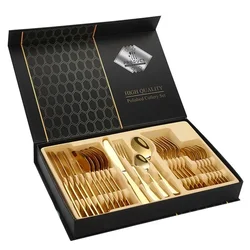 24pcs Golden Tableware Set Light Luxury Stainless Steel Cutlery Fork Knife Spoon Dinnerware Set Minimalist Decor with Gift Box