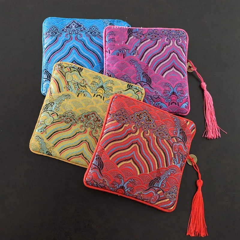 

Custom 5pcs Square Small Earring Gift Bags Zipper Chinese Silk Brocade Ring Packaging Pouches Mini Jewelry Storage Coin Purses