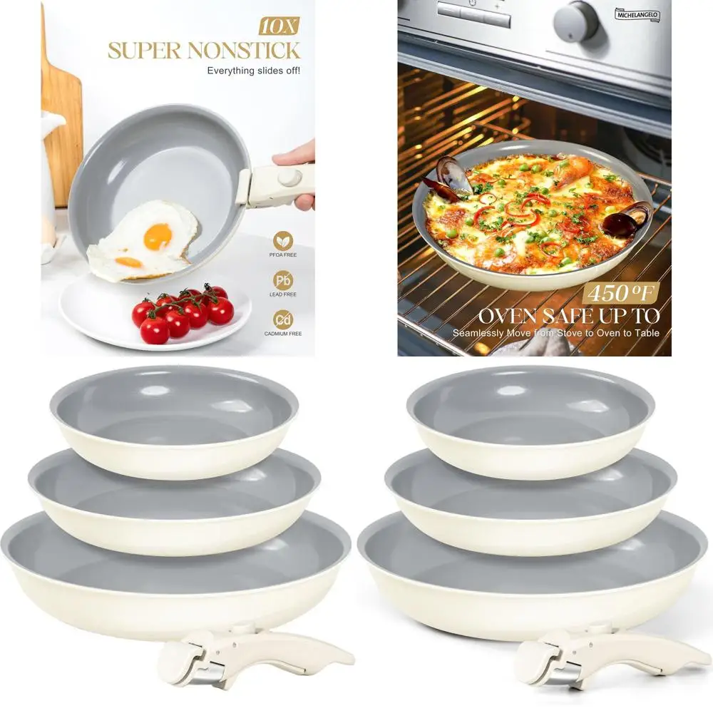 

Nonstick 8, 9.5, and 11 Frying Pan Set with Removable Handle, Induction-Compatible, Non-Toxic Coating, Beige