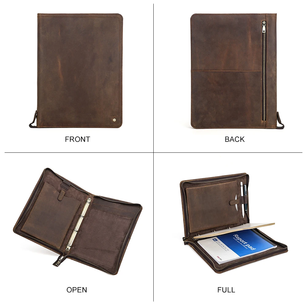 xury Retro A4 Cowhide Business Leather Portfolio with 4 Ring Binder Sketchbook Paper Pen Holder Ipad 11 pro Zipper Travel Case