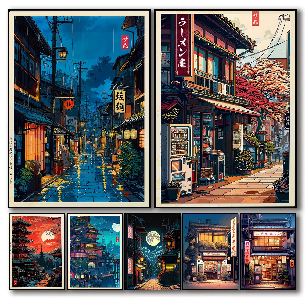 Impresión en lienzo con ilustración de comida de Anime Ramen Shop, vista de calle de la ciudad de Tokio, póster de pared para sala de estar moderna, cocina, decoración del hogar