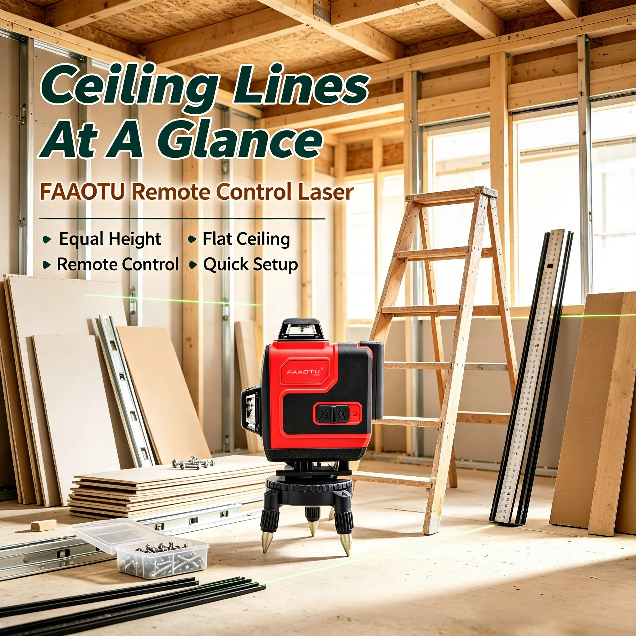 FAAOTU 12‑Line 3D Green Beam Laser Level 360° Self‑Leveling Cross Line Laser Measuring Leveler For Construction