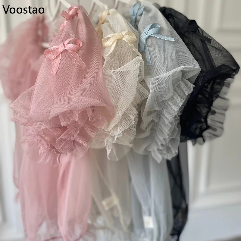 

Japanese Kawaii Lolita Blouses Women Sweet Cute Bow Puff Short Sleeve Mesh Shirts Girls Gothic Y2k See Through Tops Blusas Mujer