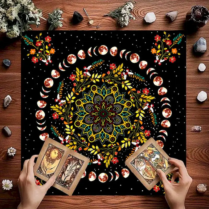 VIKAMA Navy Gold Crescent Moon Face Starburst Tarot Cloth, 6 Designs, Divination Mat for Tarot Reading