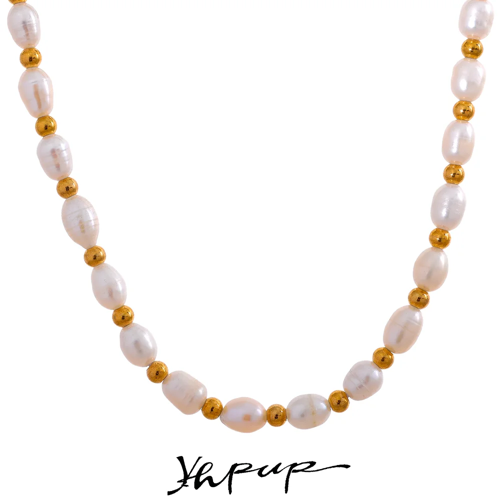 

Yhpup Natural Freshwater Pearls Stainless Steel Beads Waterproof Gold Color Necklace Women Fashion Handmade Jewelry Luxury Gift