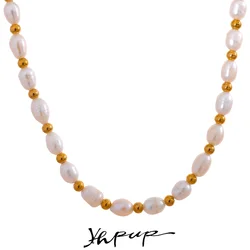 Yhpup Natural Freshwater Pearls Stainless Steel Beads Waterproof Gold Color Necklace Women Fashion Handmade Jewelry Luxury Gift