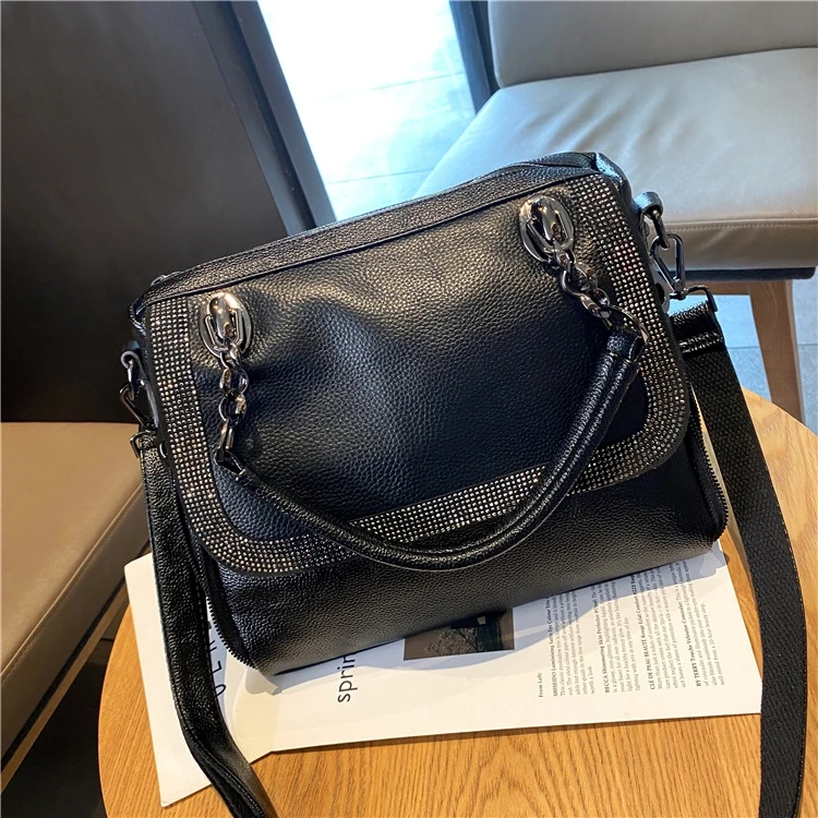 Women Vegan Artificial Leather Rhinestone Handle Handbag Shiny Luxury Designer Daily Work Big Capacity Side Sling Shoulder Bag