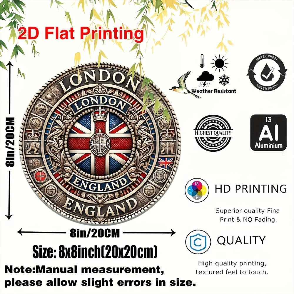 2D Flat - Vintage London England 2D Flat Round Aluminum Wall Art - 20.32x20.32 cm Metal Sign with Union Jack Design, Perfect for