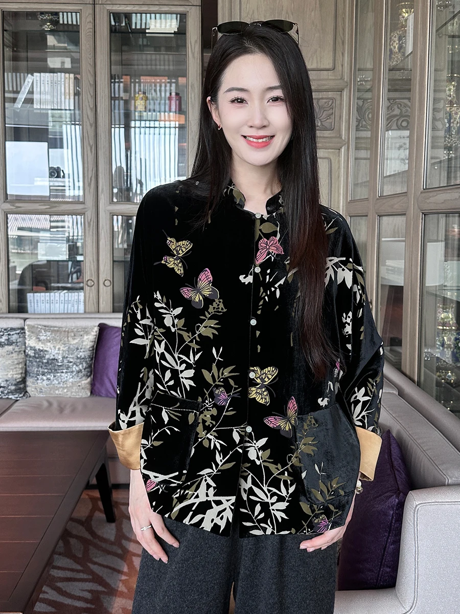 

New Chinese Sle Retro Single-Button Silk Velvet Loose Svel Stand Collar Jaet for Women Spring Autumn Seasonal Wear