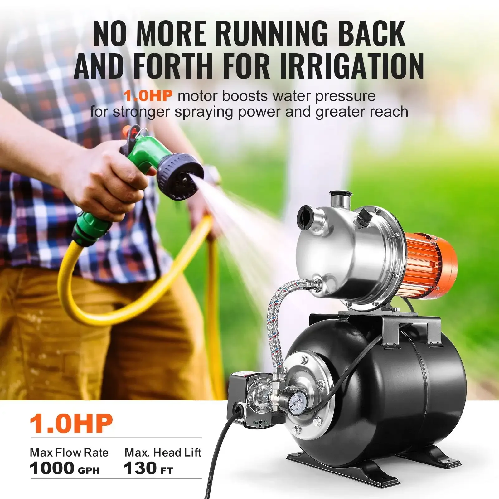 1HP Shallow Well Pump with Pressure Tank 1000GPH Irrigation Booster Pump