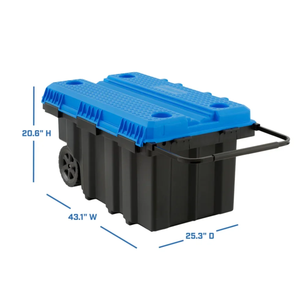 50 Gallon Rolling Plastic Tool Chest with Work Top for Garage, Black with Blue Lid