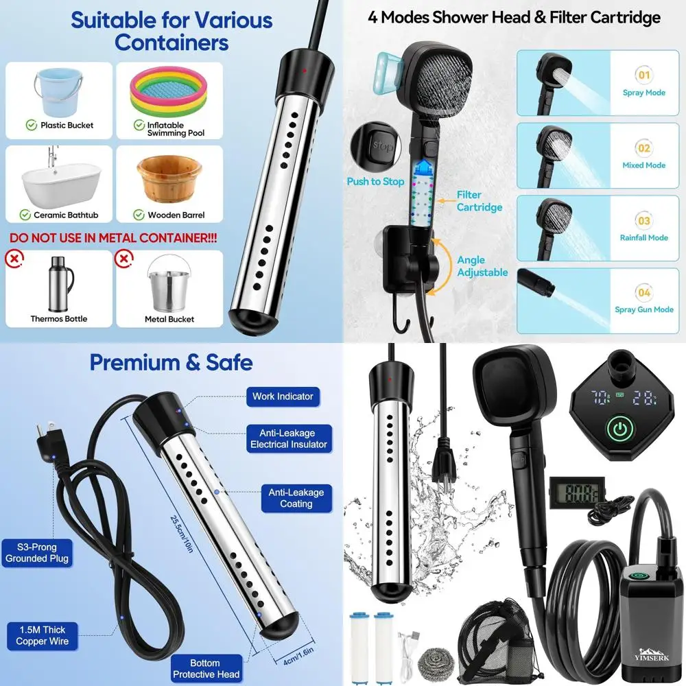 

Портативный душ 6000 мАч с нагревателем 2000 Вт для кемпинга, перезаряжаемый, 4 режима фильтрации, LED-дисплей, комплект для душа на открытом воздухе