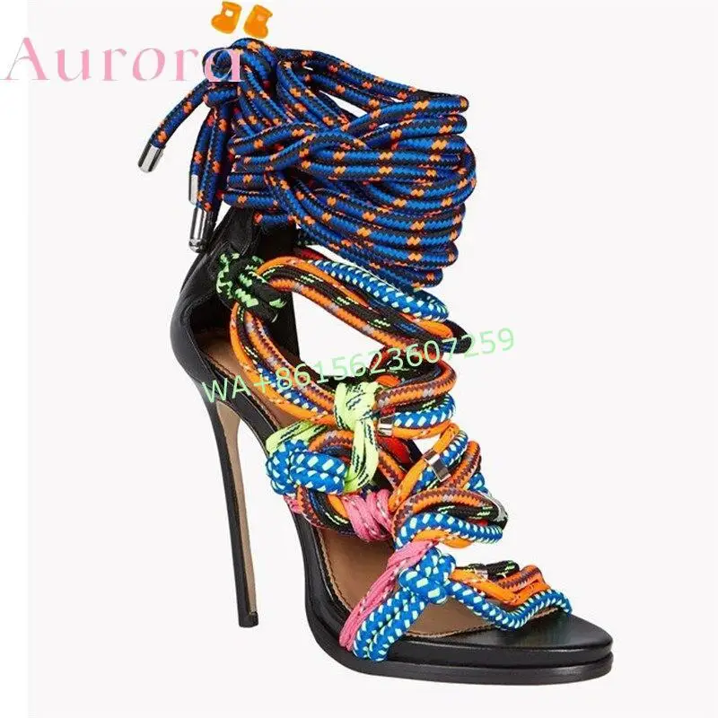 New Style Women's Colorful Gladiator Sandals Women Pumps Luxury Designer Round Toe Stiletto Lace Up Pumps Party Shoes Large Size