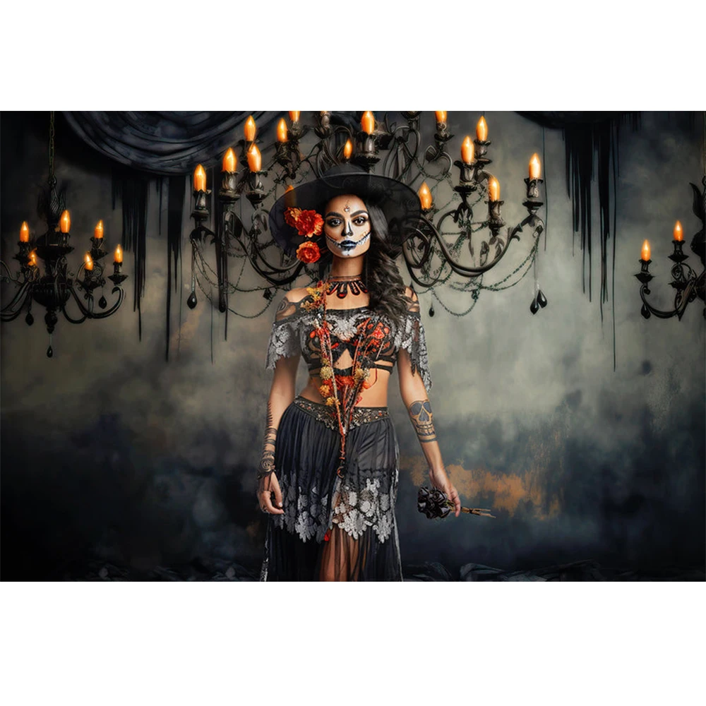 Black Retro Chandeliers Background Halloween Day of the Dead Adult Kids Portrait Photo Banner Studio Props Photography Backdrop