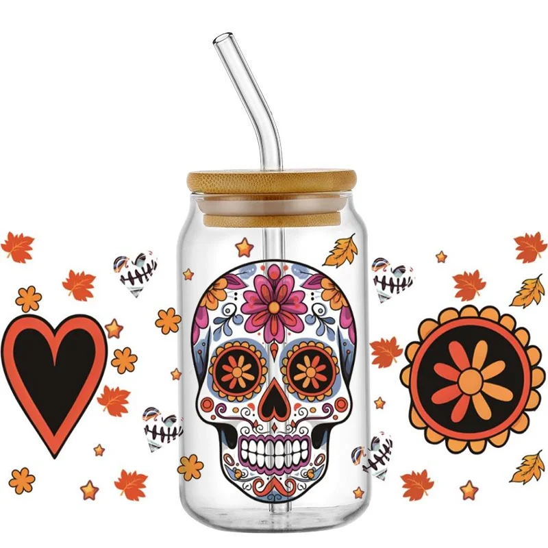 Mexican Day of the Dead DIY Decals 3D transfers uvdtf crystal stickers 16oz uv dtf cup wraps for Libbey Glasses