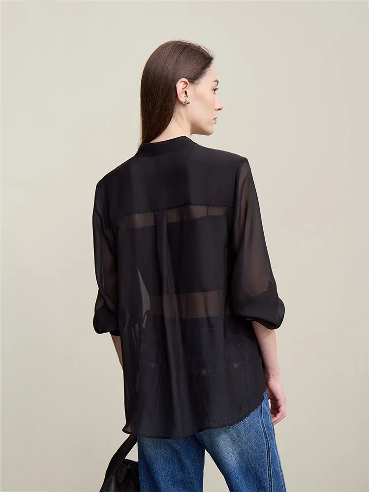 Amii chemise pour femme 2026 printemps nouveau banlieue col montant avec ceinture soie à manches longues haut femmes décontracté chemise noire 12621057