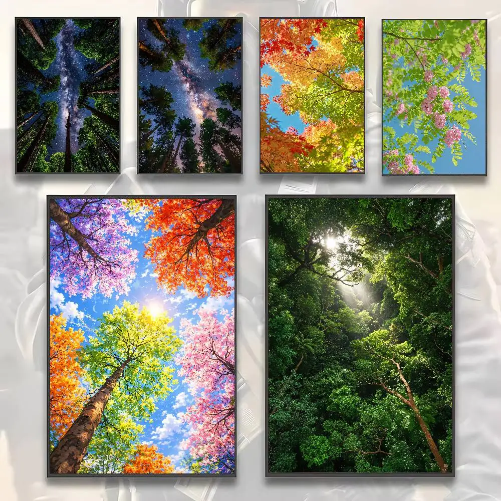 Sunbeam Through Tree Canopy Wall Print,Green Leaf Forest Dappled Light Pastel Sky Nature for Studio Reading Nook Gallery