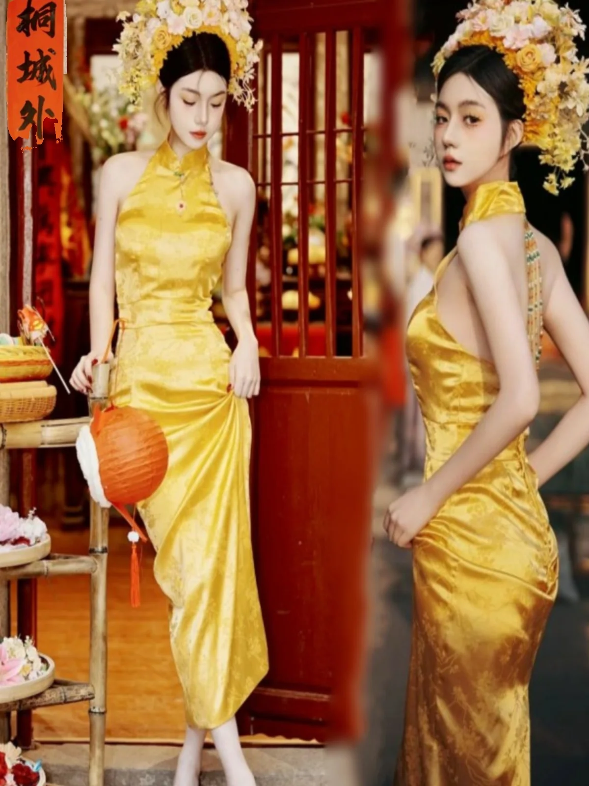 

Yellow Photography Costume with Floral Hairpin Traditional Chinese Style Outdoor Art Photo Shoot Ethnic Wear Women