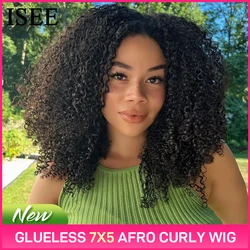 ISEE Hair Wear Go 7x5 Glueless HD Afro Kinky Curly Lace Front Wig Human Hair Transparent Deep Curly Wigs Pre Cut PrePlucked
