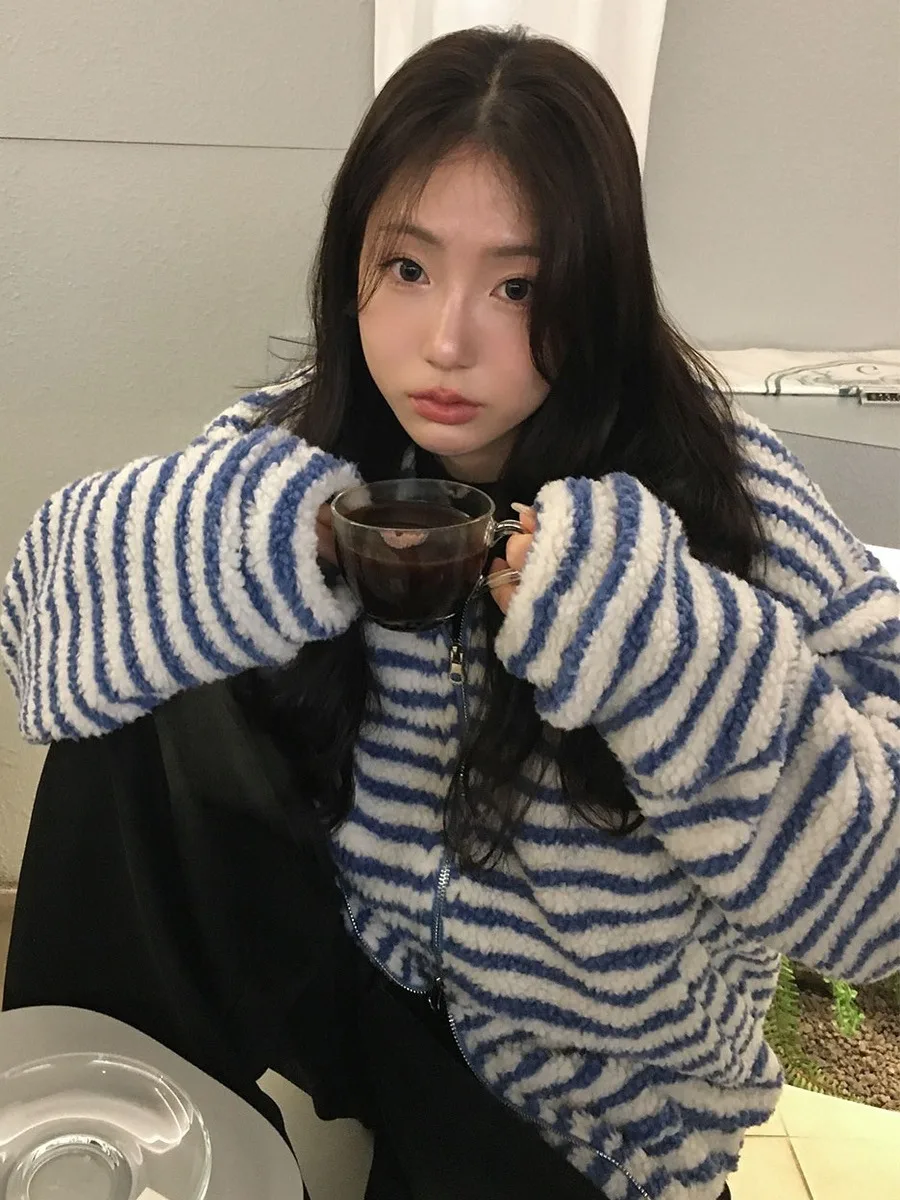 Coreano Sle Winter Faion Fre Stripes Colletto alla coreana Doppia cerniera Design pigro Casual Pelliccia di agnello Felpa Jaet Donna