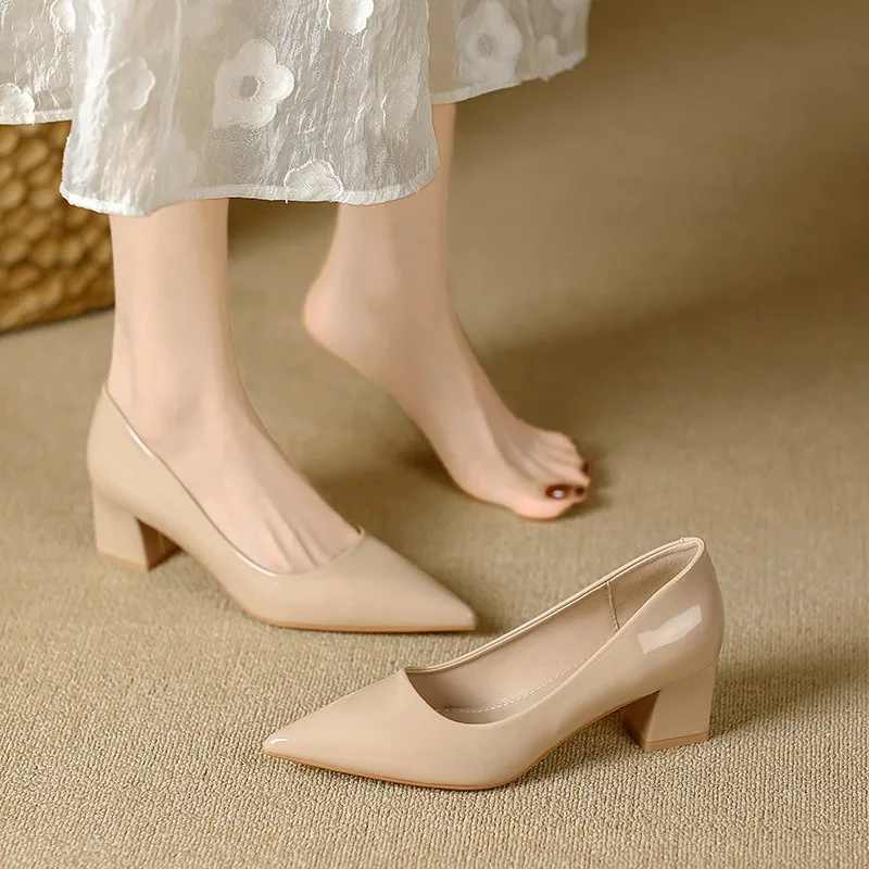 Women Pointed Toe Block Heel Pumps Glossy Slip On Elegant Office Party Wedding Formal Dress Shoes